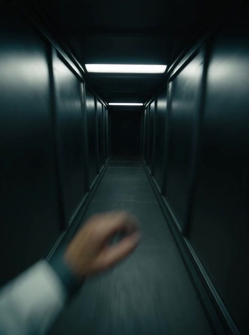 A first-person view shows a scientist running from an underground corridor to the surface as the ground cracks and the sky darkens with warping light.
