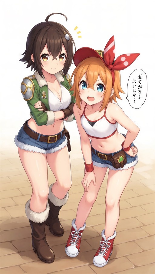 Two anime girls standing together wearing matching white crop tops and blue denim shorts with white fur trim; the girl on the left wears a green jacket and brown boots while the orange-haired girl on the right wears a red bow and speaks in a speech bubble.