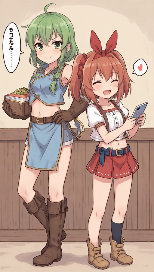 Two anime girls standing indoors; one with green hair in a blue outfit holds a wooden box while the other with brown pigtails smiles at a smartphone.