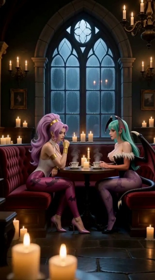 Morrigan Aensland and Lilith from Darkstalkers sitting at a candlelit table having tea in a gothic room