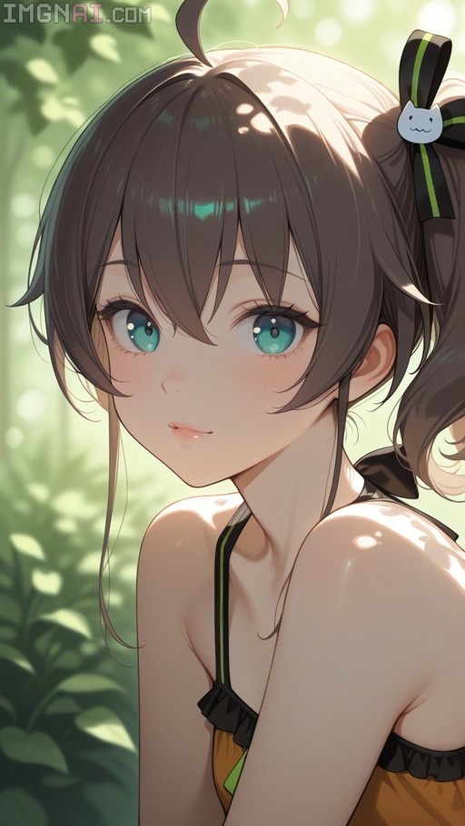 Close-up portrait of Natsuiro Matsuri with brown side ponytail and cat hair clip looking at viewer.