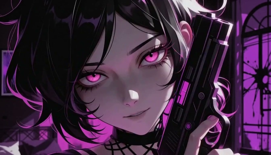 Blake Belladonna holding a gun in a close-up shot with pink eyes and cat ears, followed by scenes of her fighting enemies in a purple-themed CGI animation.