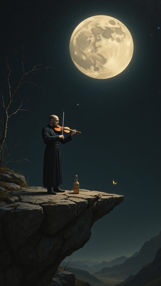 A bald man in a long black robe plays the violin while standing on the edge of a rocky cliff under a large full moon and starry sky.