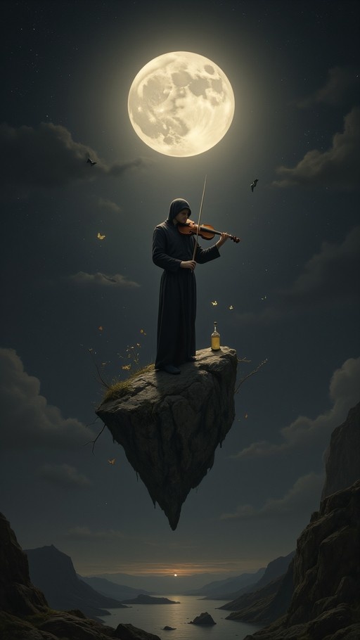 A hooded figure plays a violin while standing on a floating rock island beneath a large full moon, surrounded by glowing butterflies.