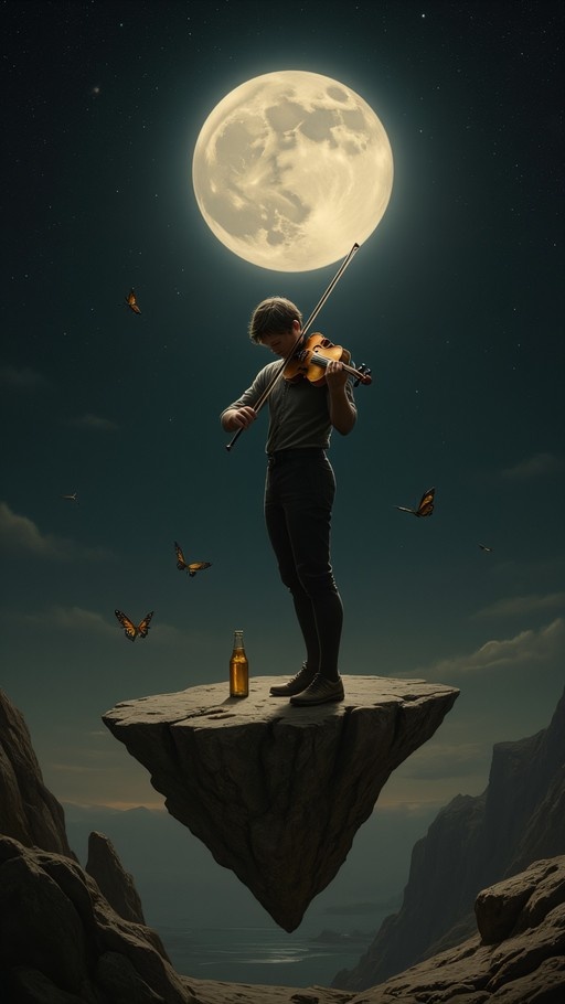 A young man plays a violin while standing on a floating rock under a large full moon with butterflies flying around.