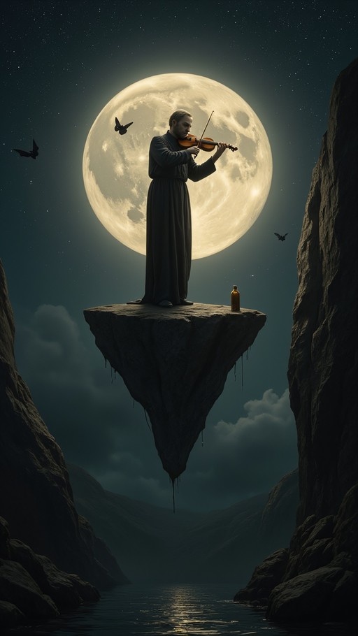 A man in a dark robe plays the violin on a floating rock island under a large full moon with bats flying nearby.
