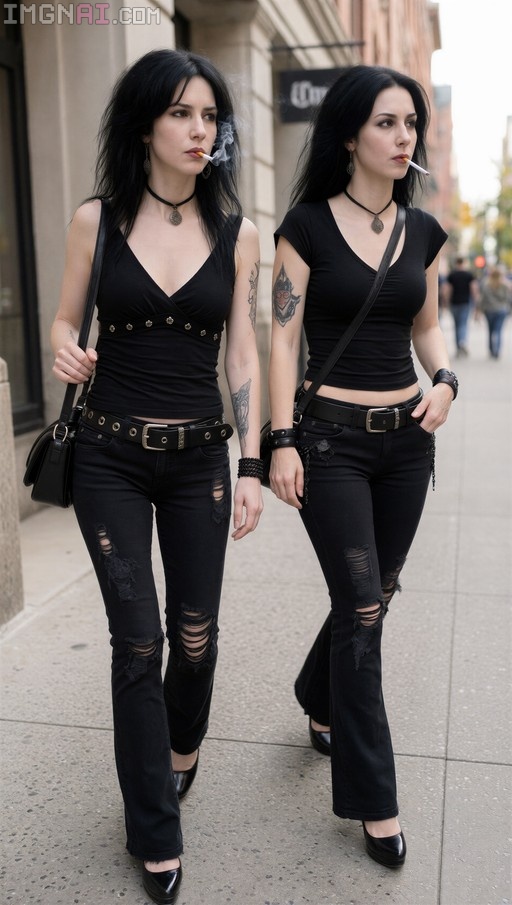 Two women with long black hair and tattoos walking side-by-side on a sidewalk, both smoking cigarettes and wearing matching black outfits.