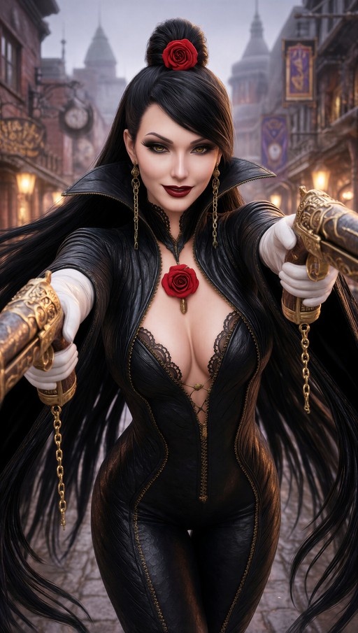 Bayonetta holding two golden guns in a black leather outfit with a red rose in her hair.