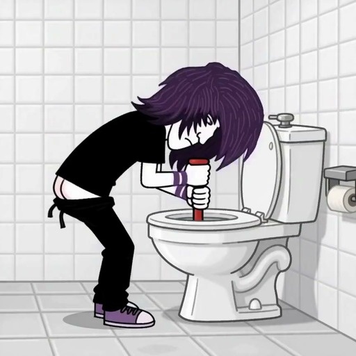 A purple-haired anime boy in black clothes bends over a white toilet in a tiled bathroom, vigorously using a red plunger to clear a clog before reaching inside to retrieve a large wet brown bear.