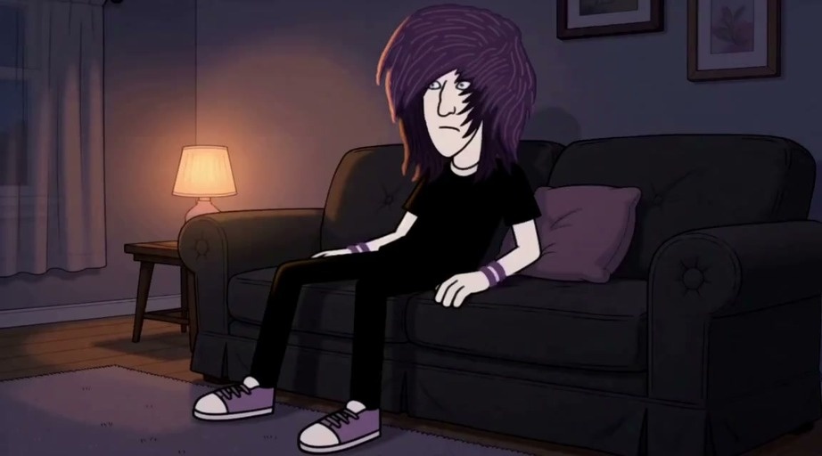 Emonad with messy purple hair sits on a couch and pets a black cat that jumps onto his lap.