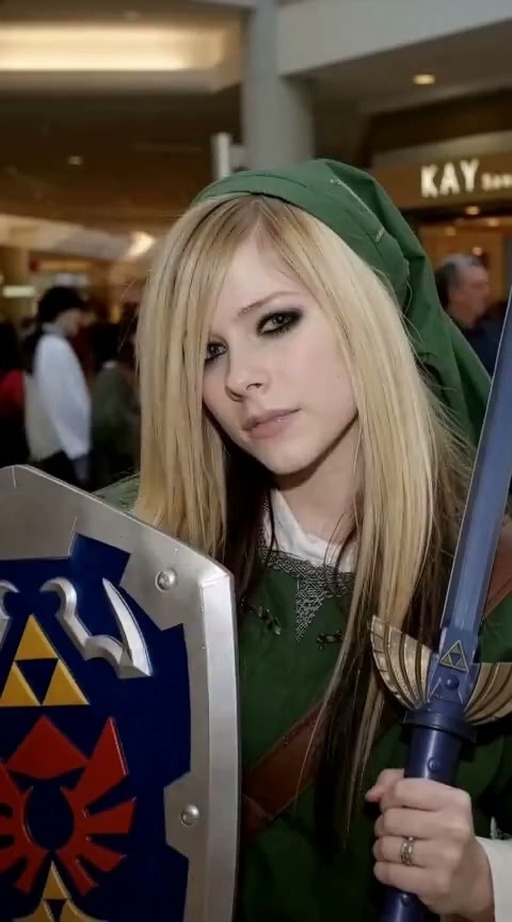 A blonde woman dressed as Link from The Legend of Zelda holds a sword and shield while singing, surrounded by a pink fluffy creature hugging her leg and two cats in costumes.