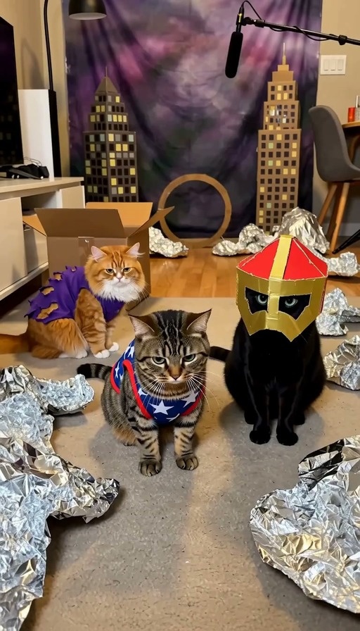 Cats dressed as superheroes pose in front of a cardboard city backdrop with aluminum foil debris.