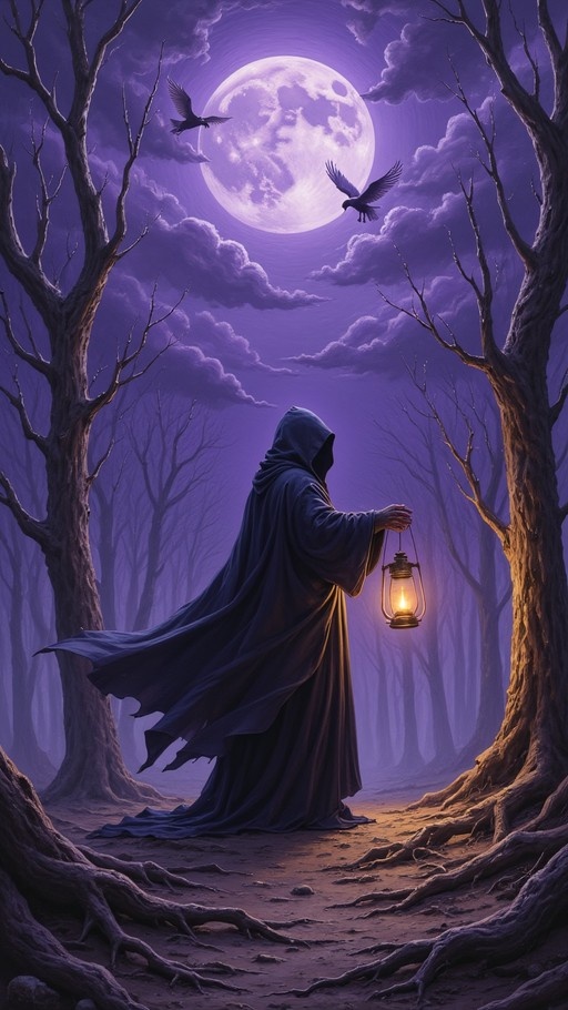 A hooded figure in a dark cloak holds a glowing lantern while standing on a path in a forest under a large full moon with birds flying overhead.