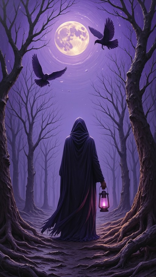 A hooded figure in a dark cloak holding a glowing lantern stands on a forest path under a large full moon with crows flying overhead.