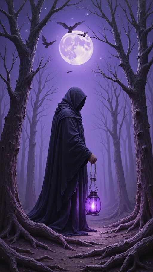 A hooded figure in a dark robe holds a glowing purple lantern while standing on a path in a misty forest under a large full moon with birds flying overhead.