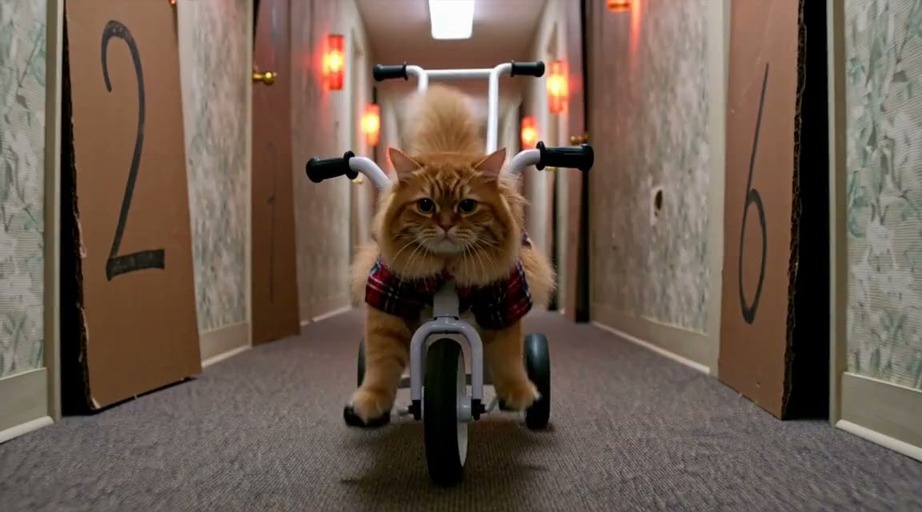 An orange tabby cat wearing a plaid vest rides a white tricycle down a carpeted hotel hallway with patterned wallpaper.