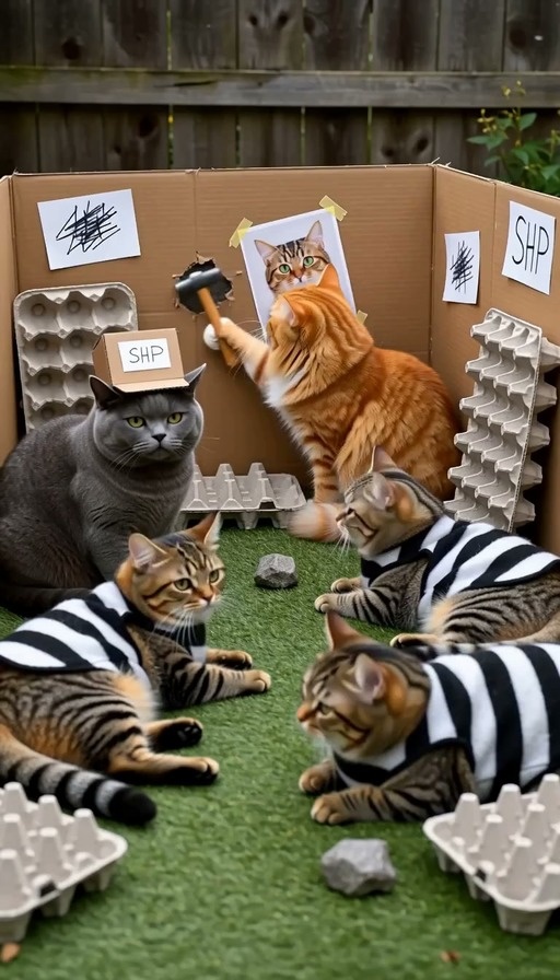 Orange cat hammering hole in cardboard box while other cats in striped uniforms watch.