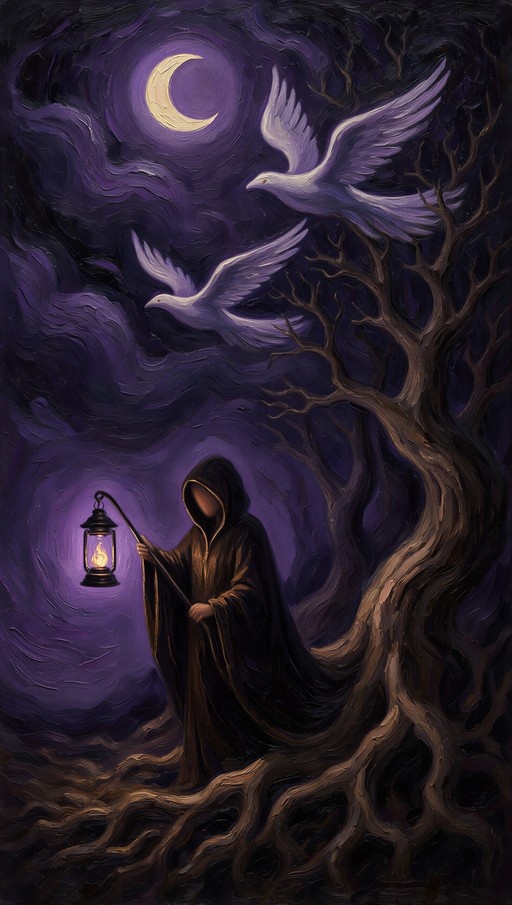 A hooded figure holds a glowing lantern on a staff beneath a gnarled tree as two white birds fly past a crescent moon in a swirling purple night sky.