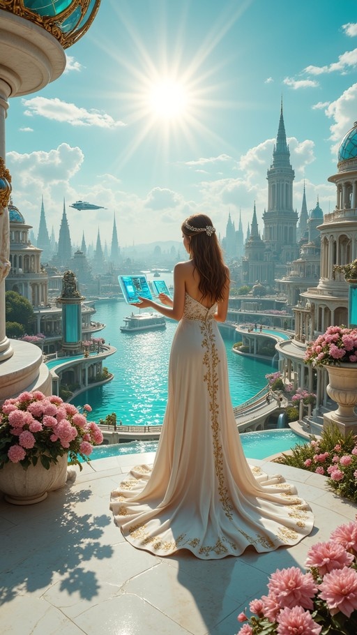 A woman in an elegant cream gown with gold detailing holds glowing blue holographic displays while overlooking a sunlit fantasy city with spires and waterways.