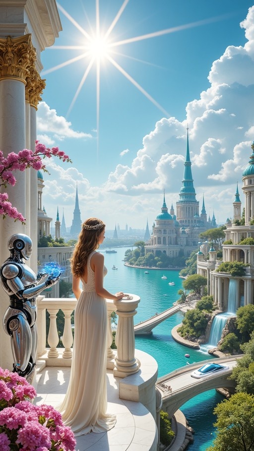 A woman in a long white dress stands on a balcony next to a silver robot holding a blue light, looking out at a fantasy city with waterfalls and teal towers.