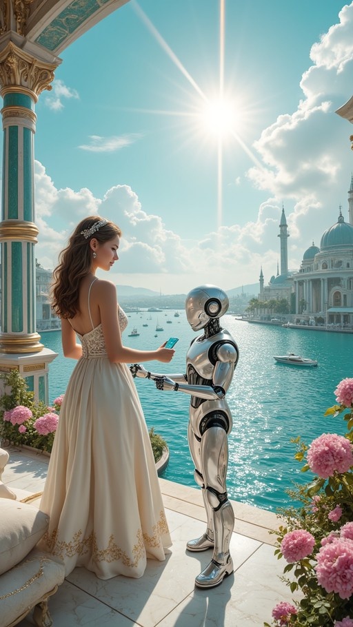 A woman in a long cream dress stands on a marble balcony next to a shiny silver robot, both looking at a phone against a backdrop of blue water and domed buildings.