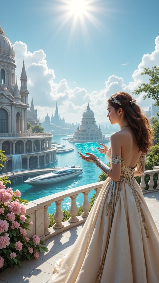 A woman in a white ballgown and gauntlets holds a glowing blue tablet on a balcony overlooking a fantasy city with canals and domed buildings under a sunny sky.