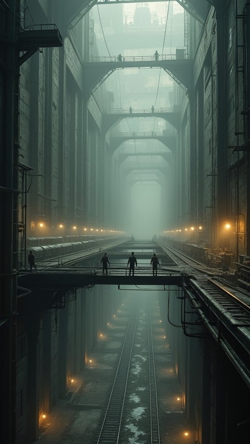Silhouettes of people standing on a bridge overlooking massive foggy railroad tracks in a vast industrial hall.