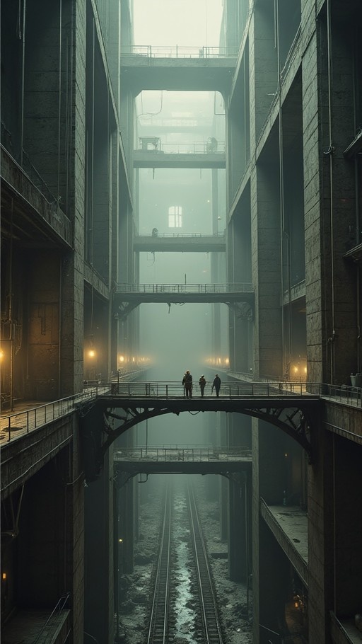 A vertical view of a massive industrial interior featuring deep railroad tracks and multiple levels of concrete walkways, with three figures standing on a central bridge amidst the fog.
