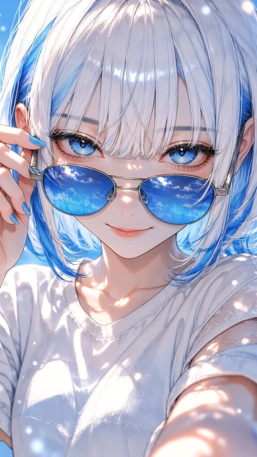 A close-up of an anime girl with white and blue hair smiling while adjusting her blue-tinted sunglasses that reflect a cloudy sky.