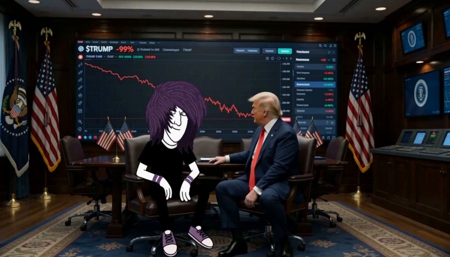A realistic Donald Trump and a 2D animated character with purple hair named Emonad sit in chairs in a presidential office while a large screen displays the $TRUMP stock price crashing.