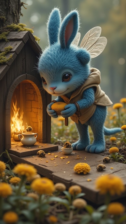 A cute blue anthropomorphic rabbit with translucent fairy wings holds a golden cookie, standing in front of a miniature wooden cottage with a glowing fireplace and yellow flowers.