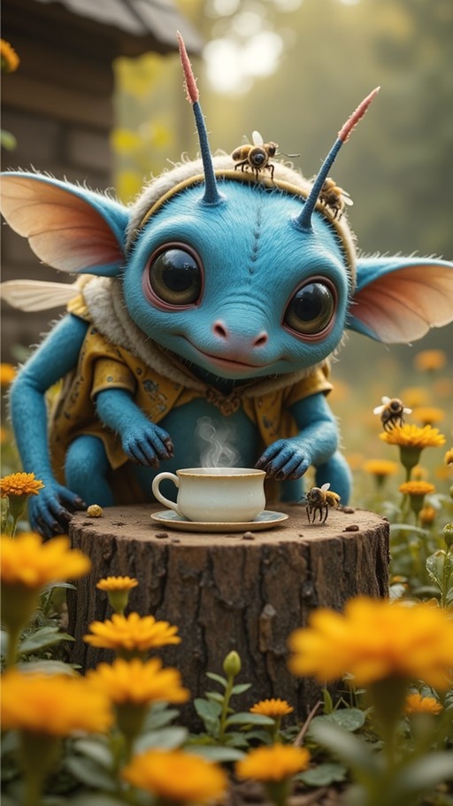 A close-up of a cute blue bug-like creature with antennae sitting at a tree stump drinking tea from a white cup surrounded by bees and yellow flowers.