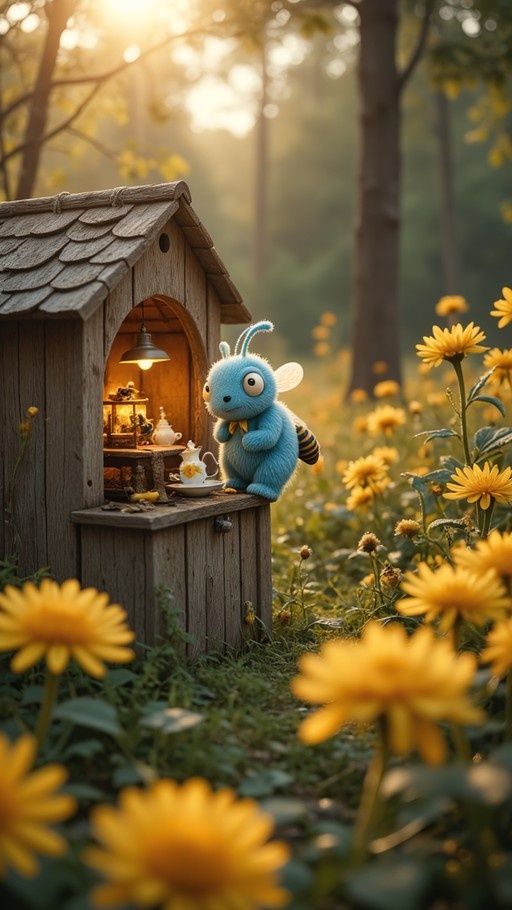 A fluffy blue insect creature with wings and antennae stands on the ledge of a small wooden house in a field of yellow flowers.