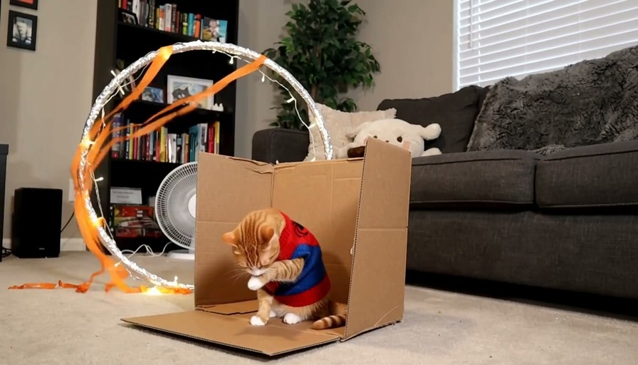 Three cats wearing Spider-Man costumes play with cardboard buildings in a living room.