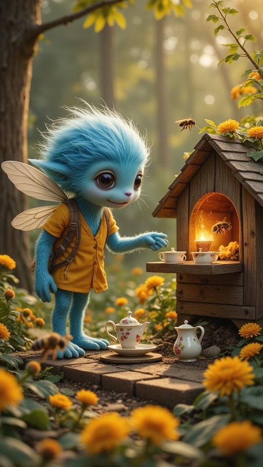 A blue furry fairy boy with insect wings stands in a garden next to a miniature wooden cottage and a tea set while bees fly nearby.