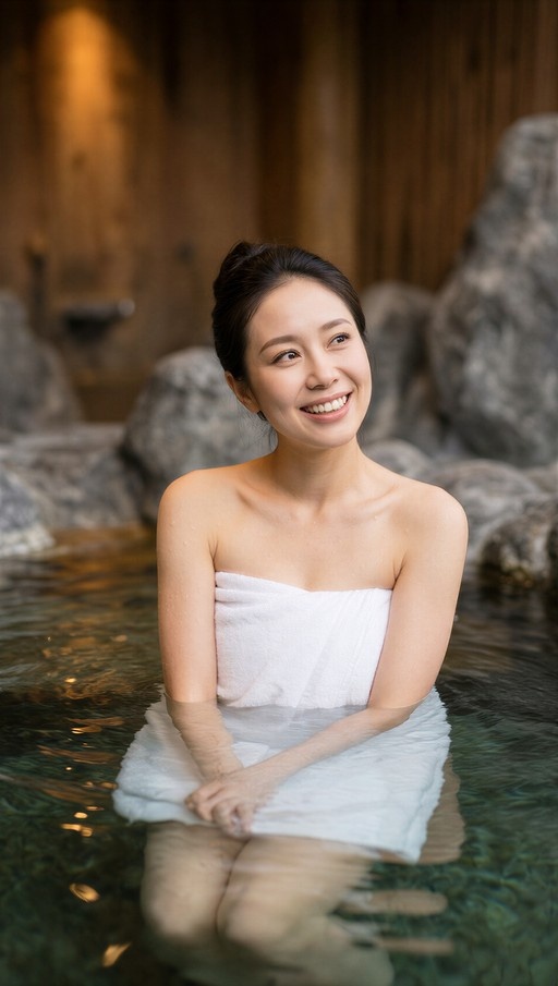 A smiling Asian woman wrapped in a white towel sits in a traditional Japanese onsen surrounded by rocks and wood.