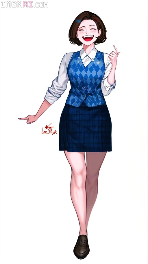 A full-body digital illustration of a laughing anime girl with short brown hair wearing a blue argyle vest and plaid skirt, pointing to the side against a white background.