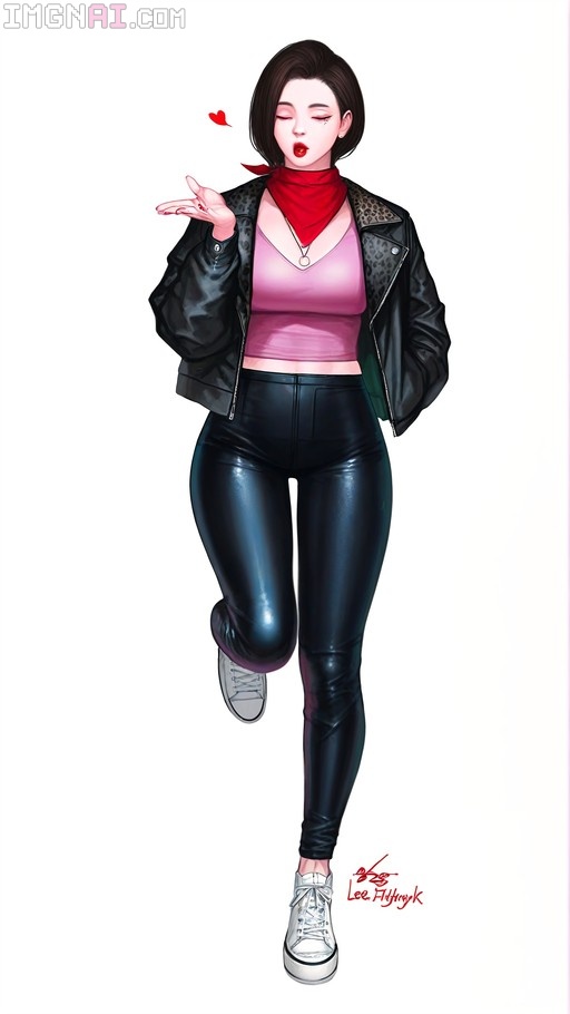 A full-body digital illustration of a young woman with short brown hair blowing a kiss. She is wearing a pink camisole, black leather pants, and an open black jacket with leopard print lapels. A red bandana is around her neck, and she wears white sneakers while balancing on one leg against a plain白色