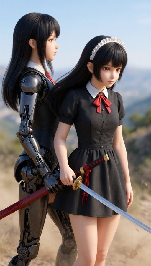 Two young women with long black hair standing outdoors, one with a mechanical arm and the other holding a katana.