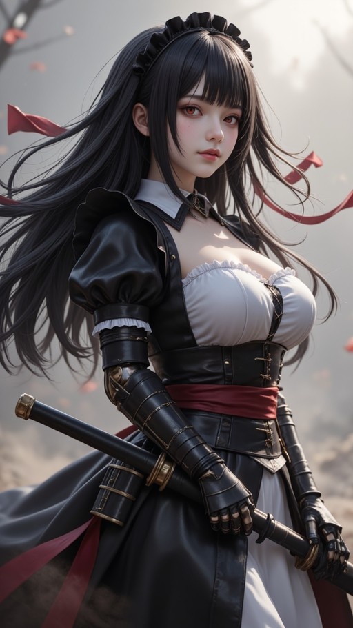 A young woman with long black hair and red eyes wearing a black and white maid outfit with leather gauntlets, holding a sheathed katana horizontally.