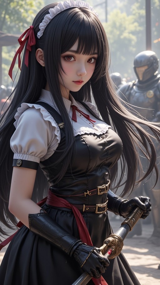 A young woman with long black hair and red eyes in a maid outfit draws a sword while armored soldiers stand in the background.
