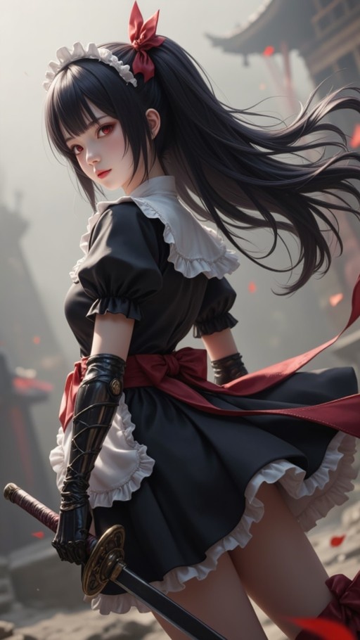 An anime girl with long black hair and red eyes wearing a maid outfit and holding a katana sword while looking back over her shoulder.