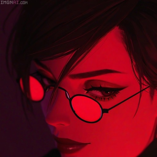Close-up of Lara Croft wearing round red-tinted glasses under dramatic red lighting.