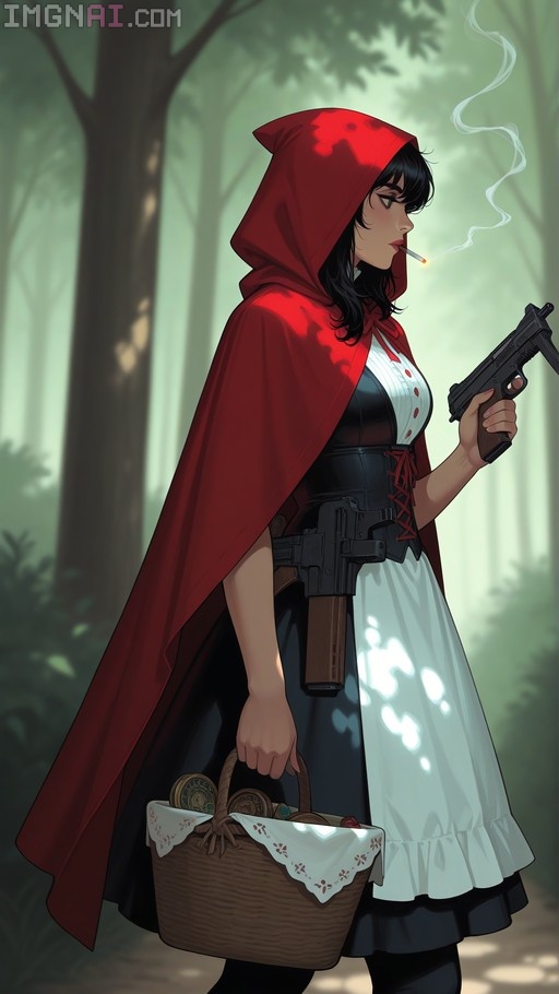 A side-view illustration of Little Red Riding Hood in a red hooded cloak holding a submachine gun and a picnic basket while smoking in a forest.