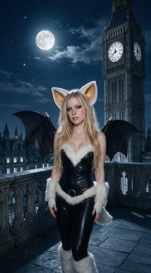 A blonde woman with bat wings and animal ears wearing a black leather bodysuit with white fur trim stands on a rooftop terrace at night, with the Big Ben clock tower and a full moon visible in the background.