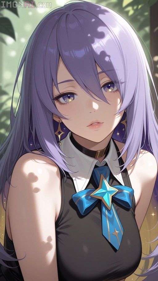 Moona Hoshinova with long purple hair and purple eyes wearing a black sleeveless top with a white collar and blue bow tie featuring a gold star, standing in dappled sunlight.
