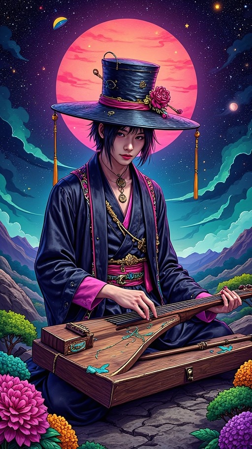A musician with black hair wearing a large hat plays a stringed instrument under a giant red moon.
