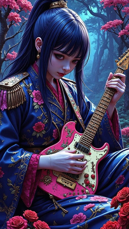 A young woman with long blue hair in a ponytail plays a pink electric guitar while wearing an ornate blue kimono with gold epaulettes and rose patterns, surrounded by blooming flowers in a forest setting.