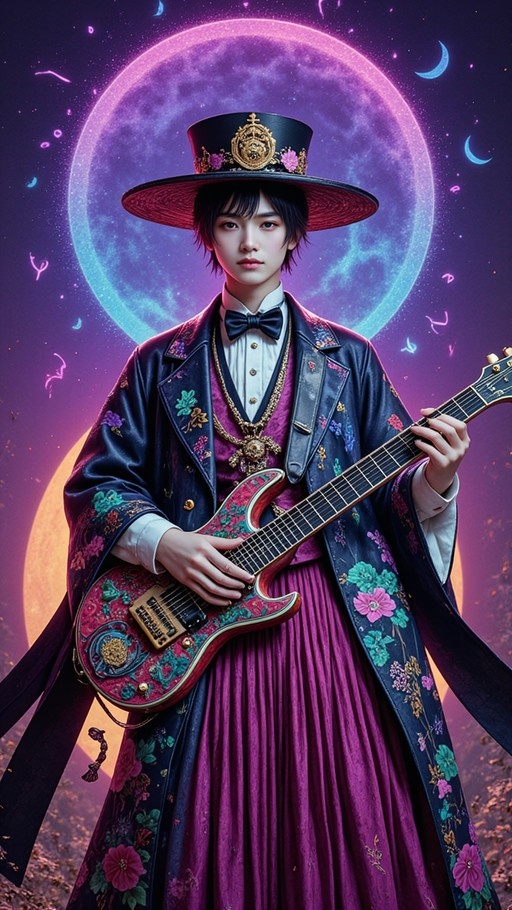 A young man with short black hair wearing a large top hat and floral coat holds an electric guitar in front of a giant purple moon.