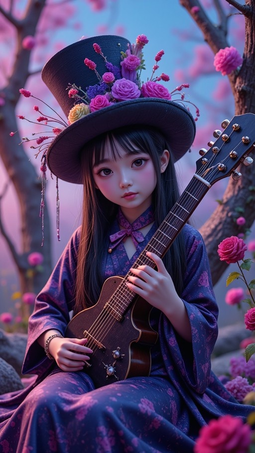 A young woman with long dark hair and large eyes wears a tall black top hat decorated with pink and purple flowers while holding an electric guitar in a garden setting.